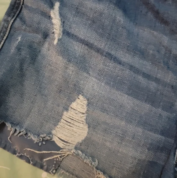 Aerie Blue Distressed Jean Shorts with Frayed Hem - Picture 3 of 8